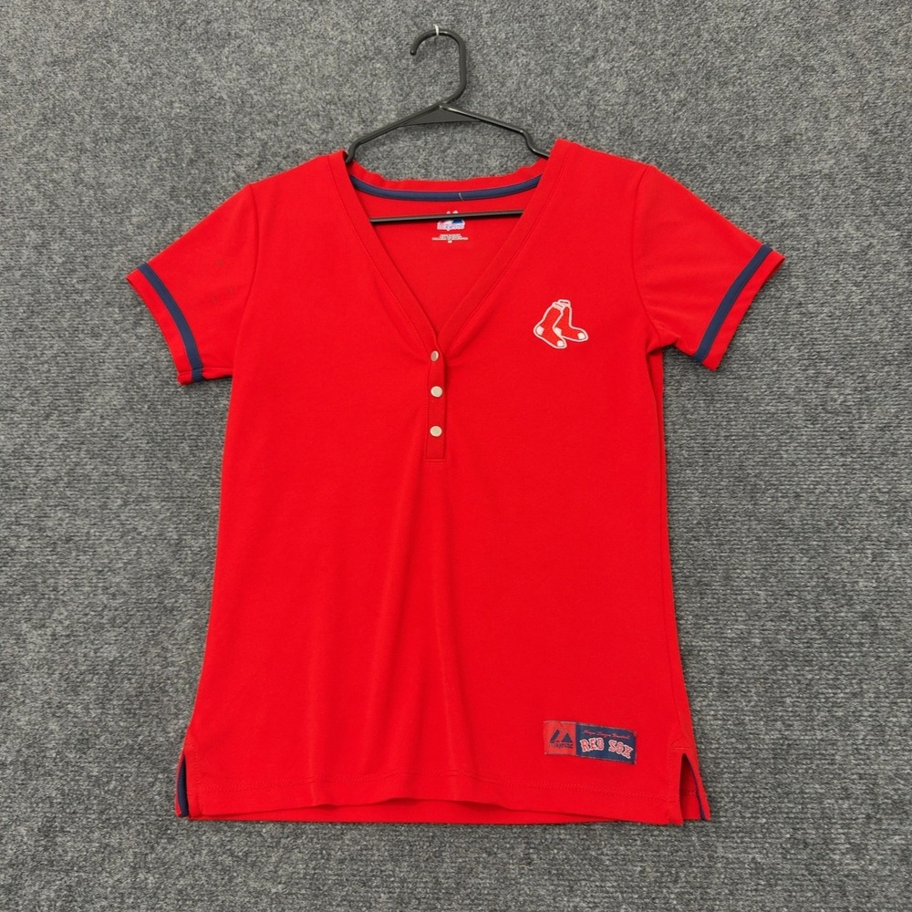 Boston Red Sox Majestic Shirt Womens M Red Polyester Henley V Neck Sporty Style